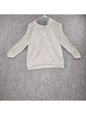 Forever 21 Womens Beige Knit Pullover Hoodie Medium Open-Weave Crochet Sleeves